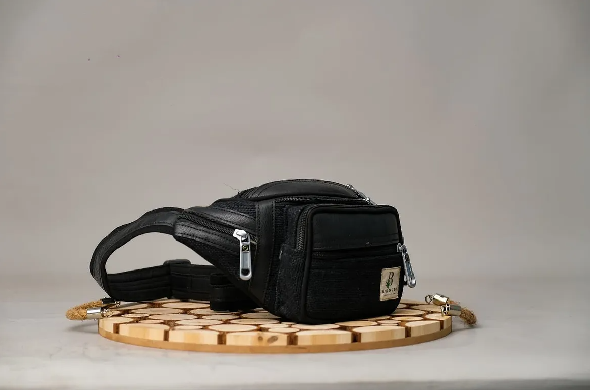 Wyla Everyday Fanny Pack in Black, handwoven hemp with leather trim