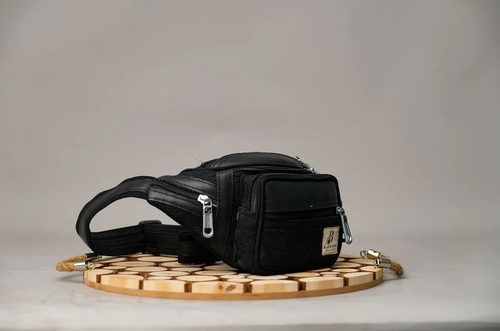 Wyla Everyday Fanny Pack in Black, handwoven hemp with leather trim